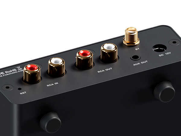 Panel trasero de un dispositivo de audio negro con conectores RCA dorados, salida AUX y puerto de alimentación de 12V CC.