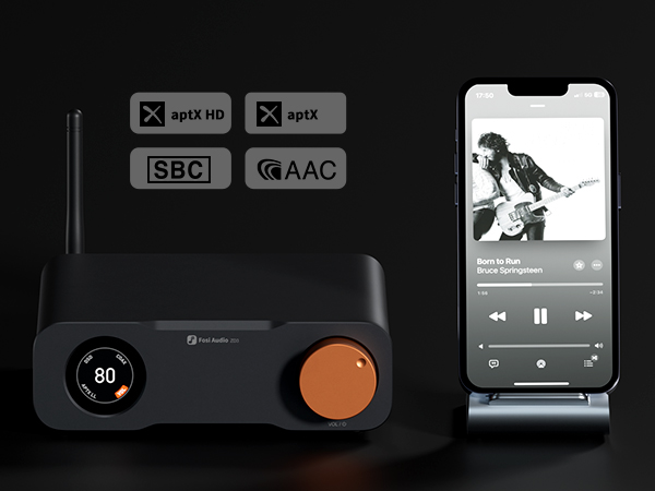 Ein schwarzer Fosi Audio Verstärker mit Antenne und ein Smartphone zeigen Audio-Codecs wie aptX HD und AAC.