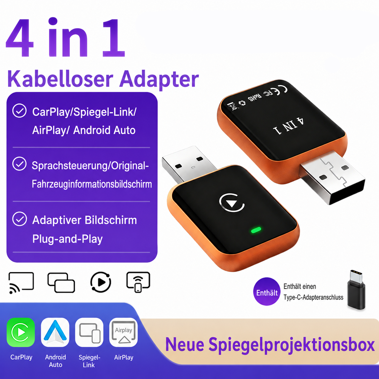 Ein 4-in-1 kabelloser Auto-Adapter mit schwarz-oranger Hülle, USB-Anschluss und Text.