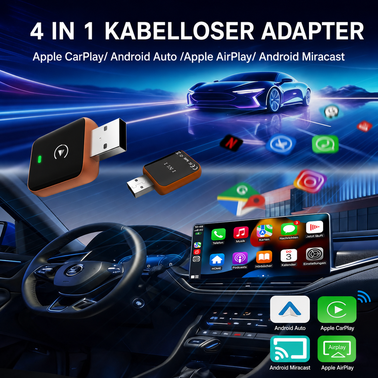 Ein 4-in-1 kabelloser Adapter für Apple CarPlay, Android Auto, AirPlay und Miracast in einem Auto.