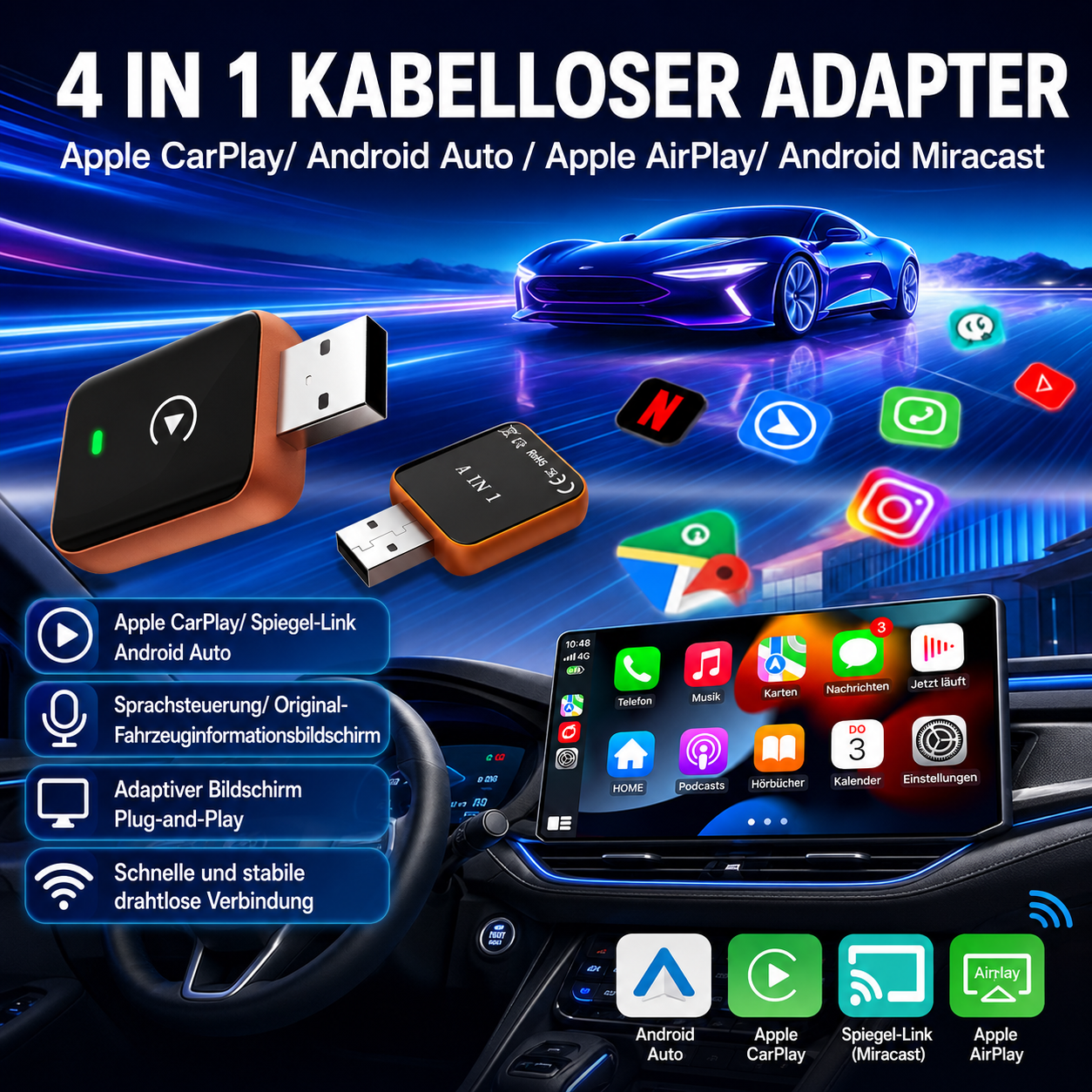 Werbung für kabellosen 4-in-1-Adapter für Apple CarPlay und Android Auto in einem Auto.
