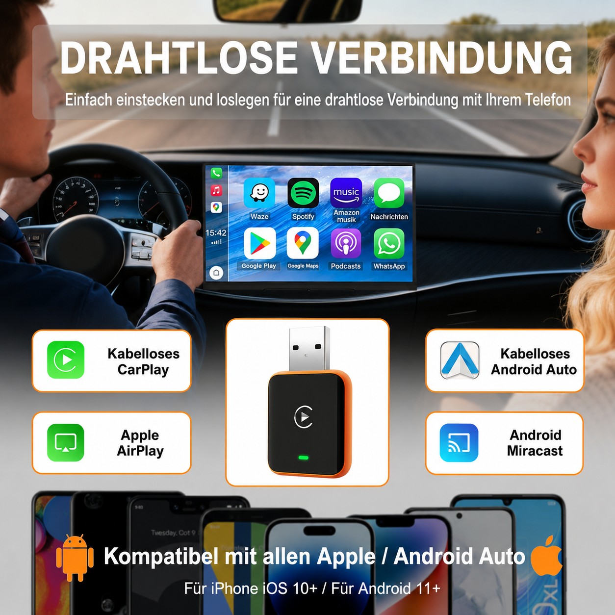 Kabelloser Auto-Adapter mit Smartphone-Schnittstellen und Kompatibilität für Apple und Android.