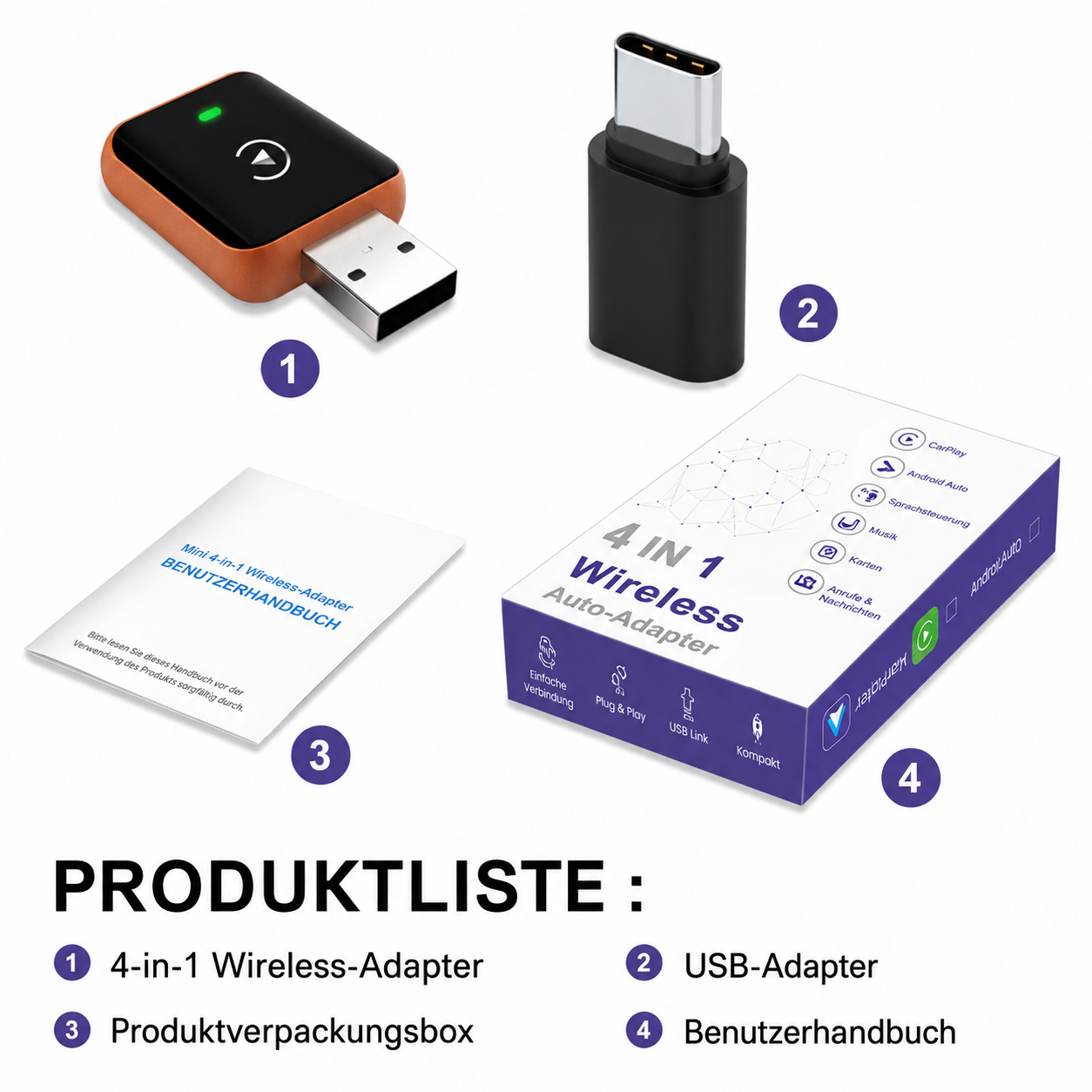 Kabelloses Auto-Adapter-Set mit Hauptgerät, USB-Adapter, Handbuch und Produktbox.