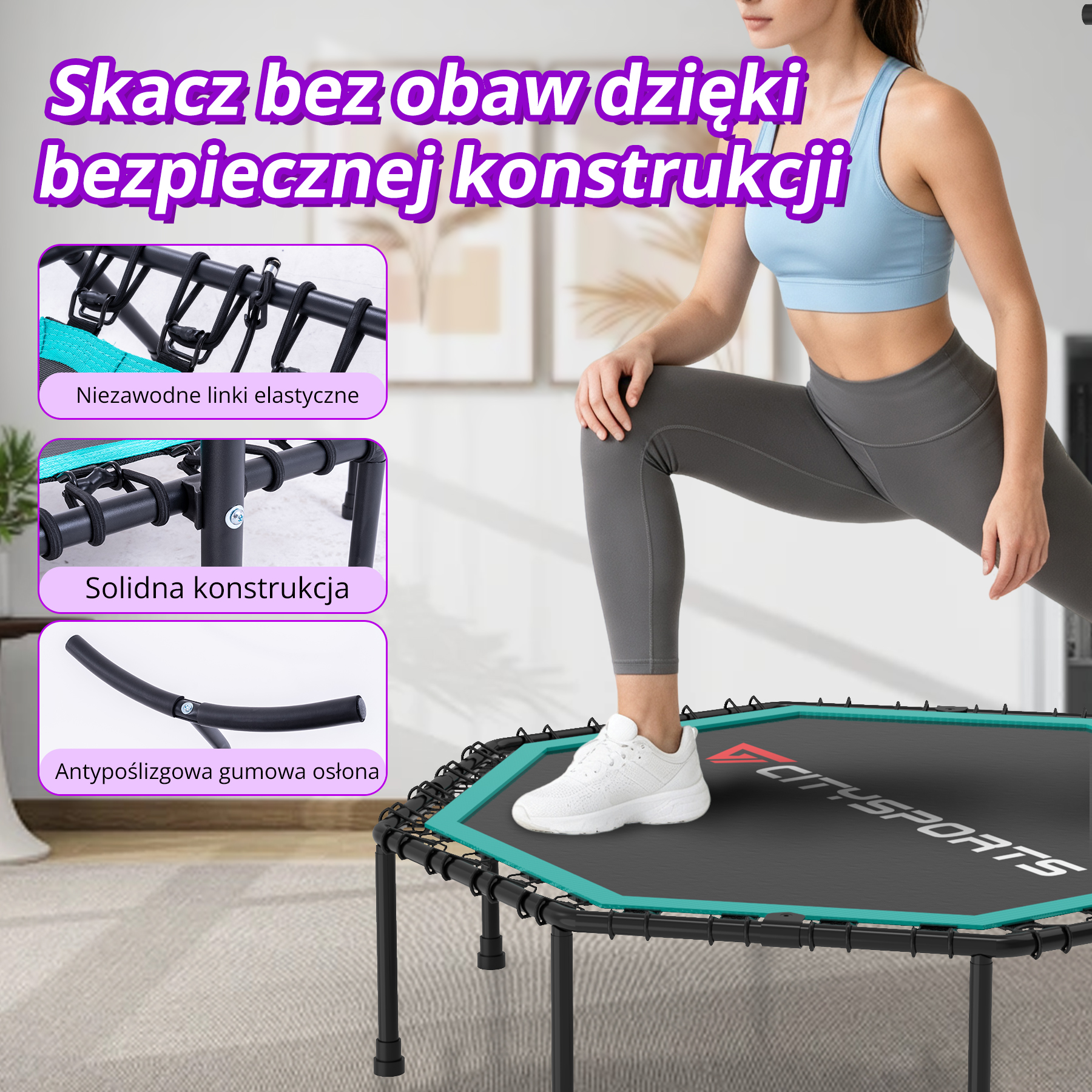 Kobieta w stroju sportowym robi wykrok na czarnej mini trampolinie z turkusową ramą i zbliżeniami konstrukcji.