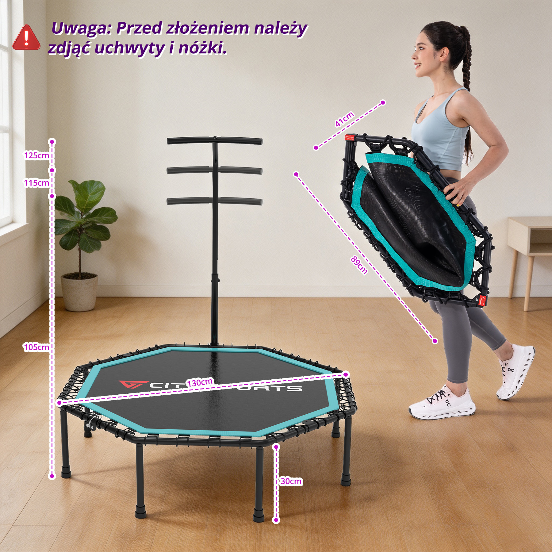 Kobieta trzyma złożoną trampolinę obok rozłożonej, z wymiarami.