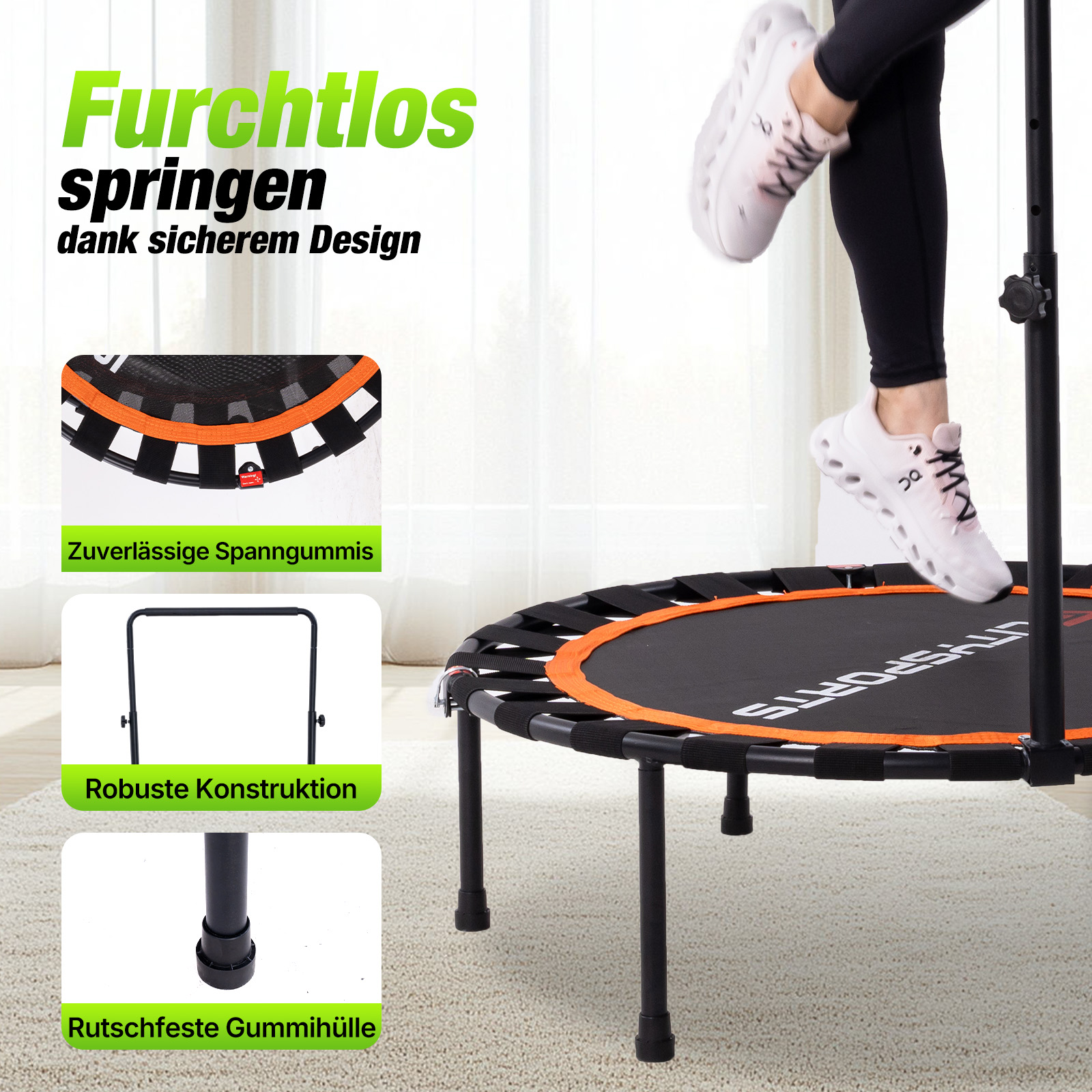 Ein person springt auf einem kleinen schwarzen Trampolin mit orangem Rand in einem hellen Raum.