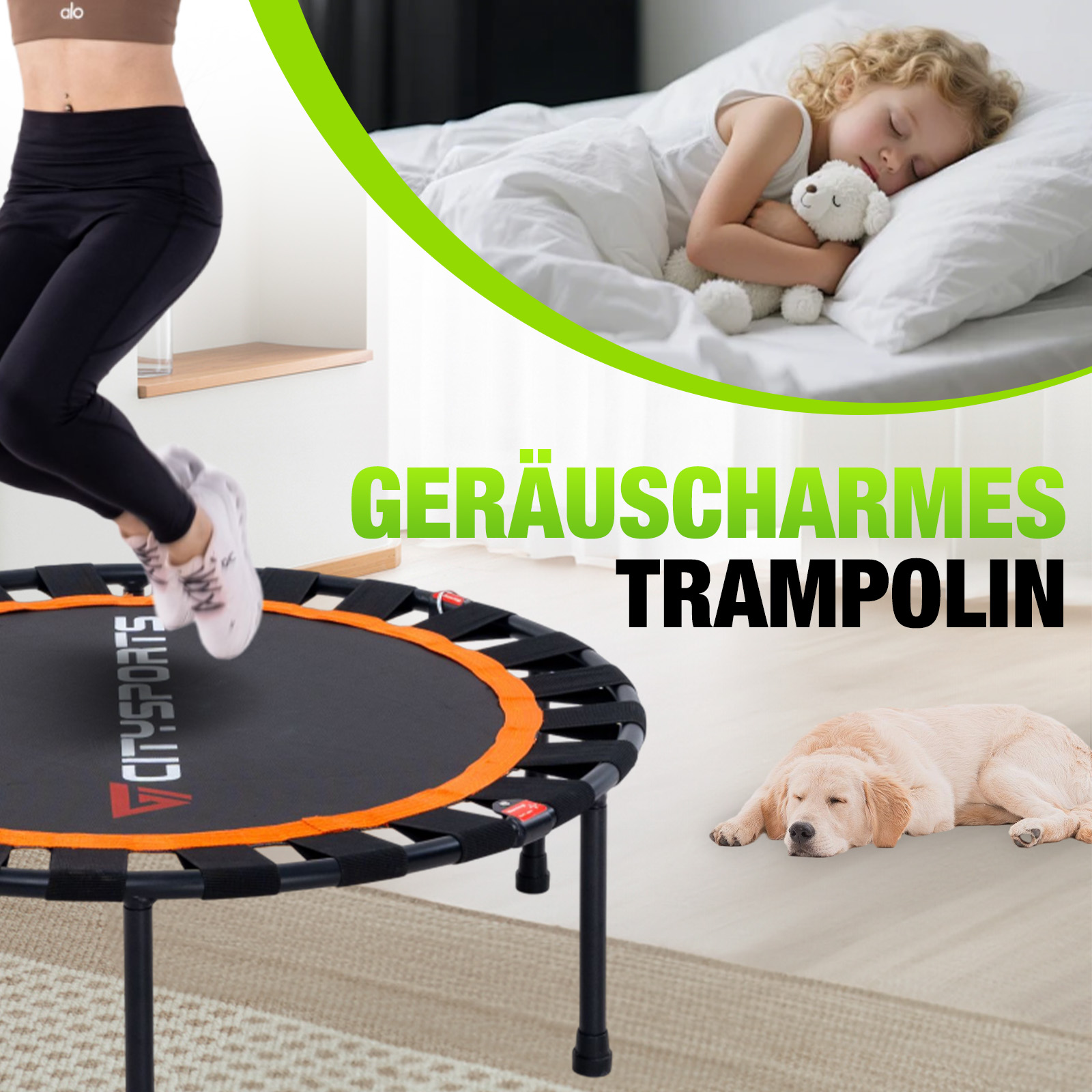 Ein Kind und ein Hund schlafen friedlich, während jemand auf einem leisen Trampolin springt.