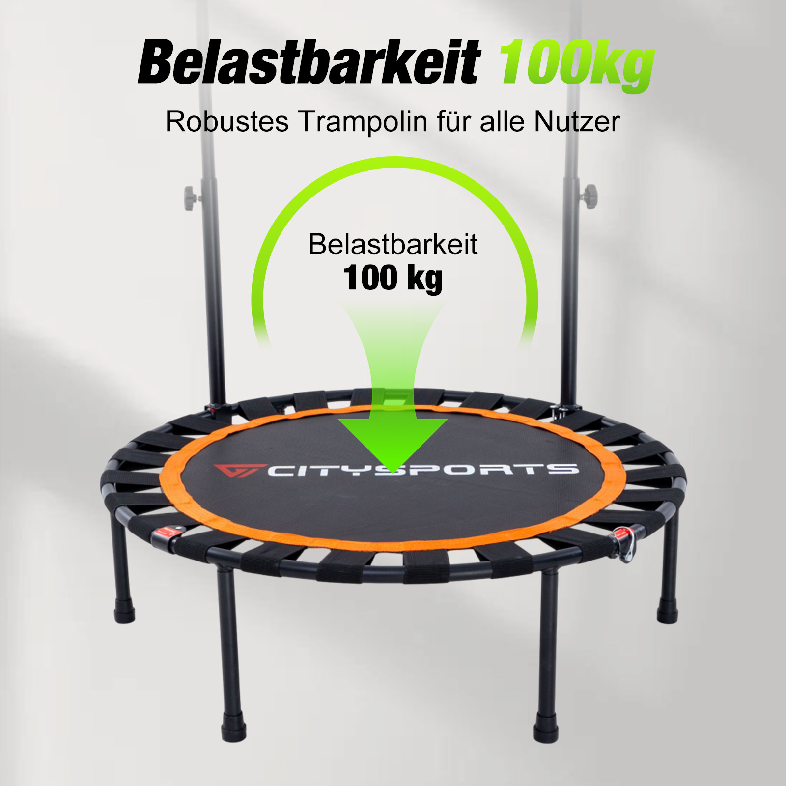 Ein schwarzes Fitnesstrampolin mit orangem Rand und Citysports-Logo, das eine 100kg Belastbarkeit anzeigt.