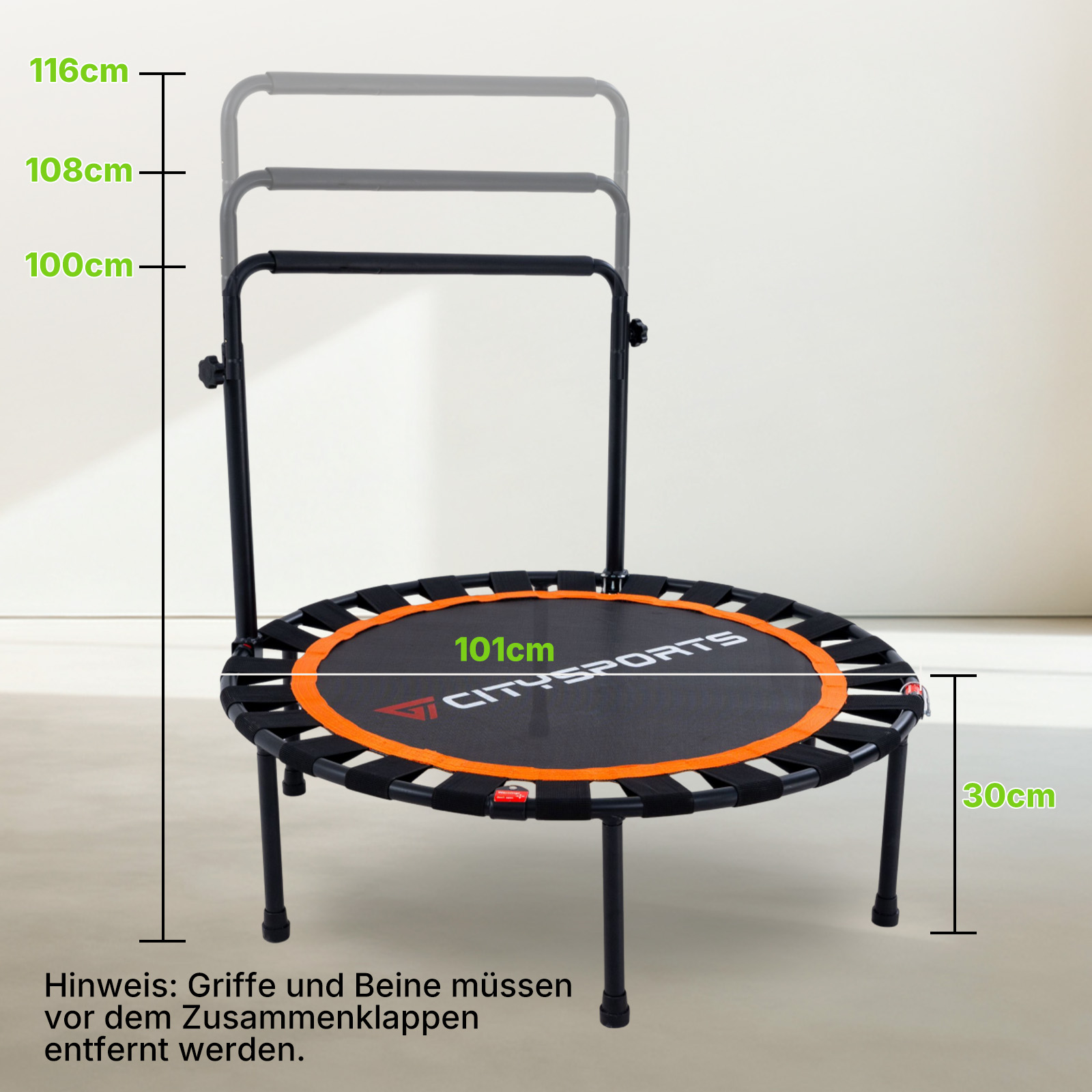 Ein schwarzes Citysports Trampolin mit verstellbarem Griff und Maßangaben.
