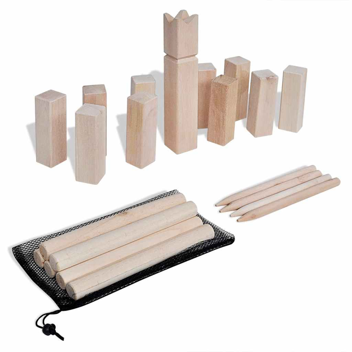 Set di gioco in legno Kubb con blocchi numerati, bastoni da lancio e borsa.
