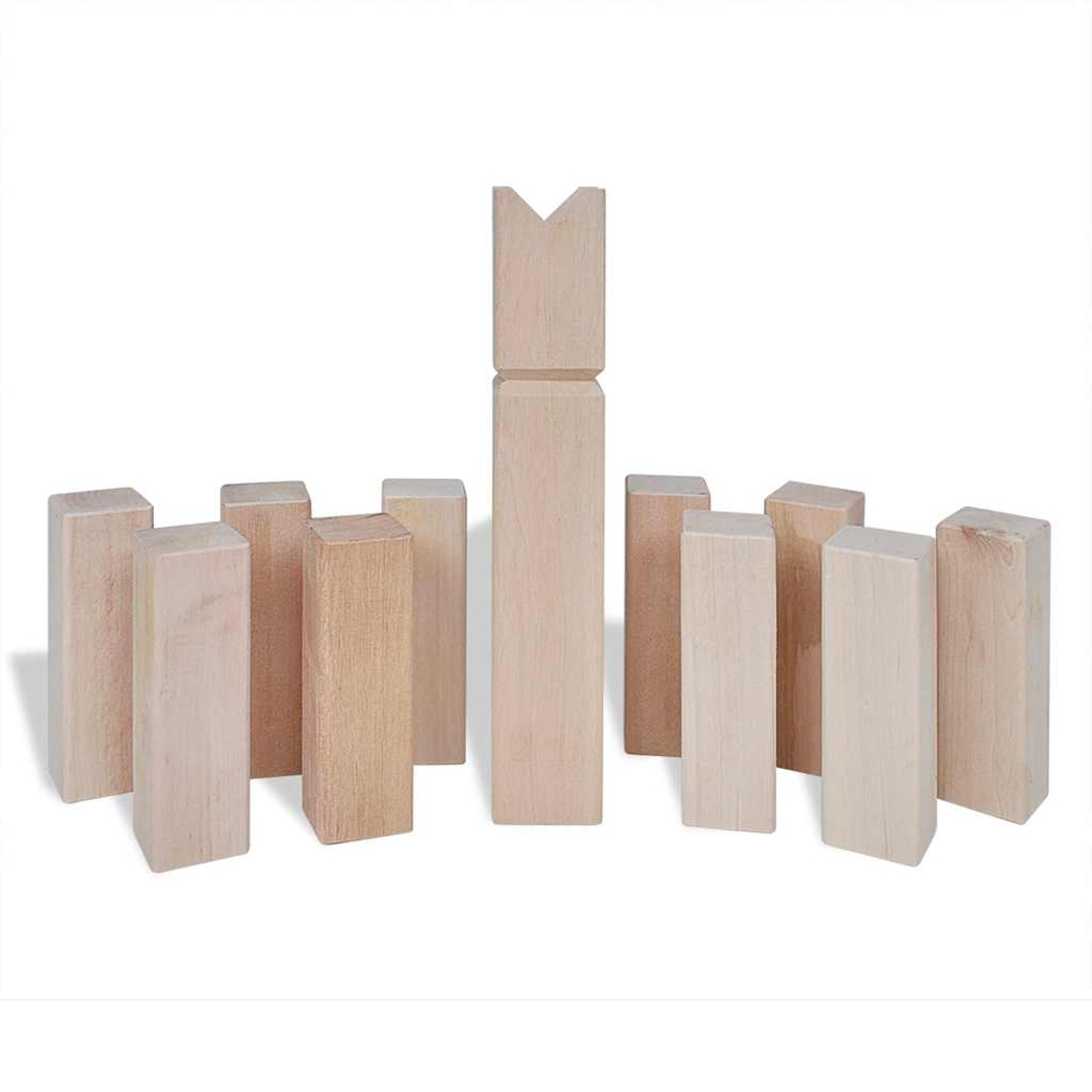 Vari blocchi da gioco in legno, tra cui uno alto con una tacca a V in alto, su sfondo bianco.