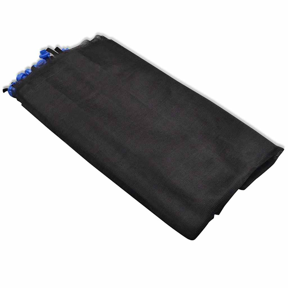 Una rete di sicurezza per trampolino nera piegata con tappi di plastica blu.