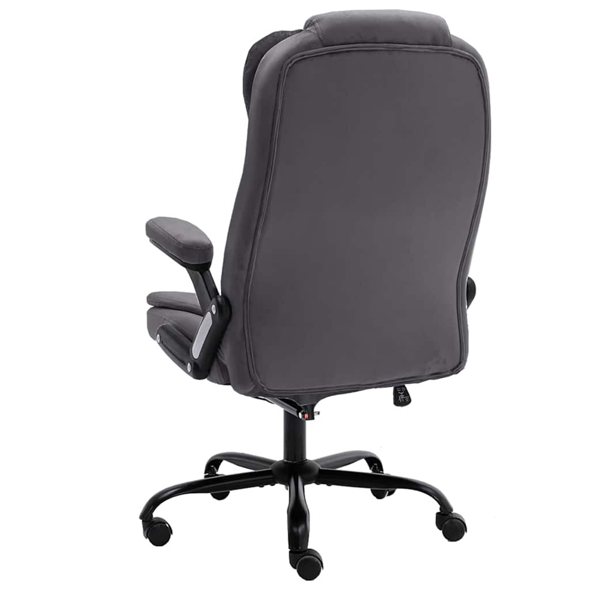 Vista posteriore di una sedia da ufficio direzionale grigia con base nera e ruote su sfondo bianco.