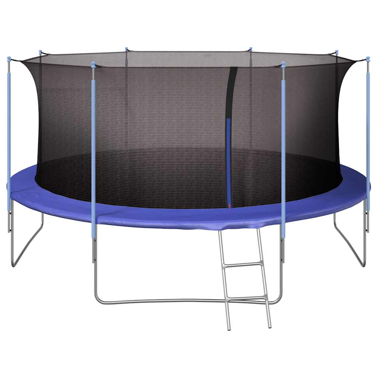 Un grande trampolino rotondo con bordo blu, rete di sicurezza e una piccola scala d'ingresso.
