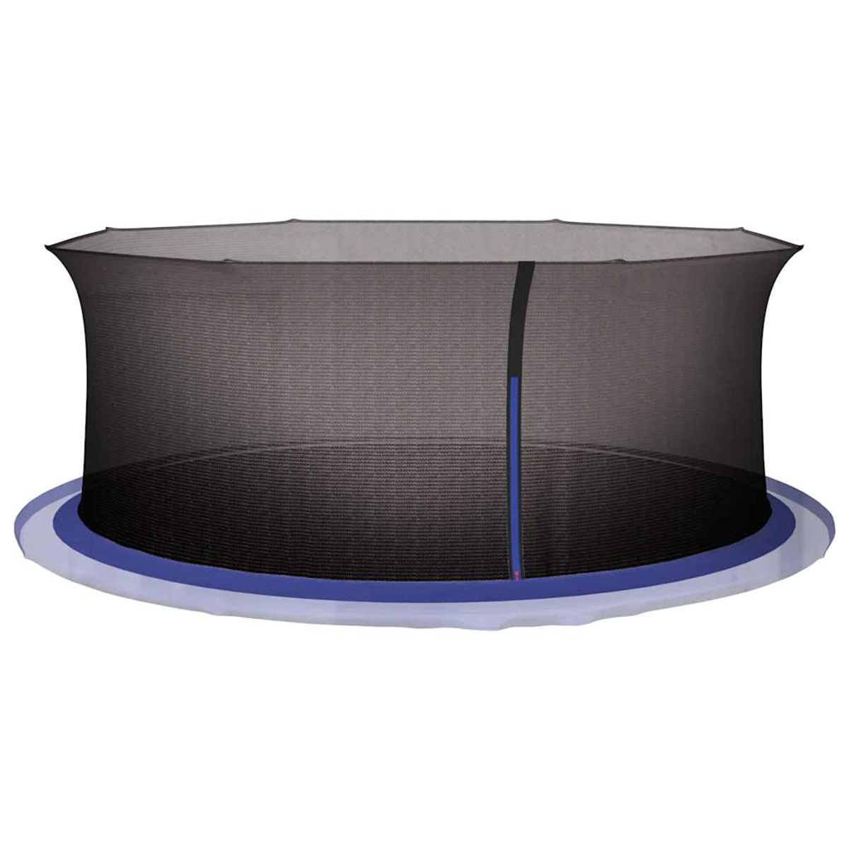 Un trampolino rotondo interrato con rete di sicurezza nera e bordo blu, su sfondo bianco.