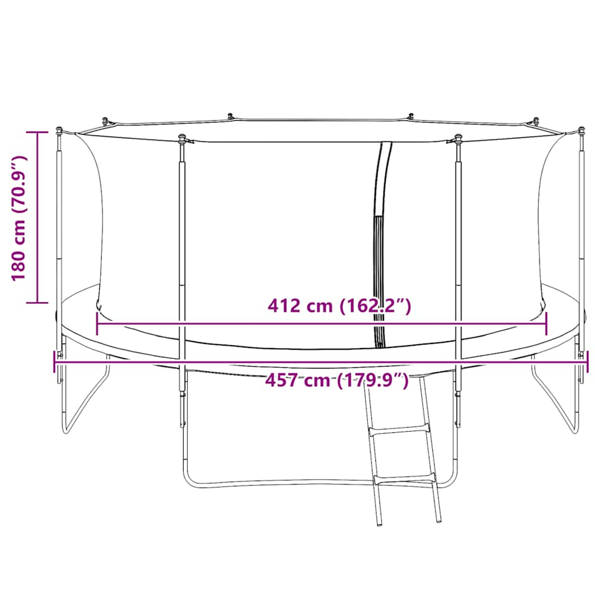 Disegno tecnico di un trampolino rotondo con rete di sicurezza, scaletta e misure.
