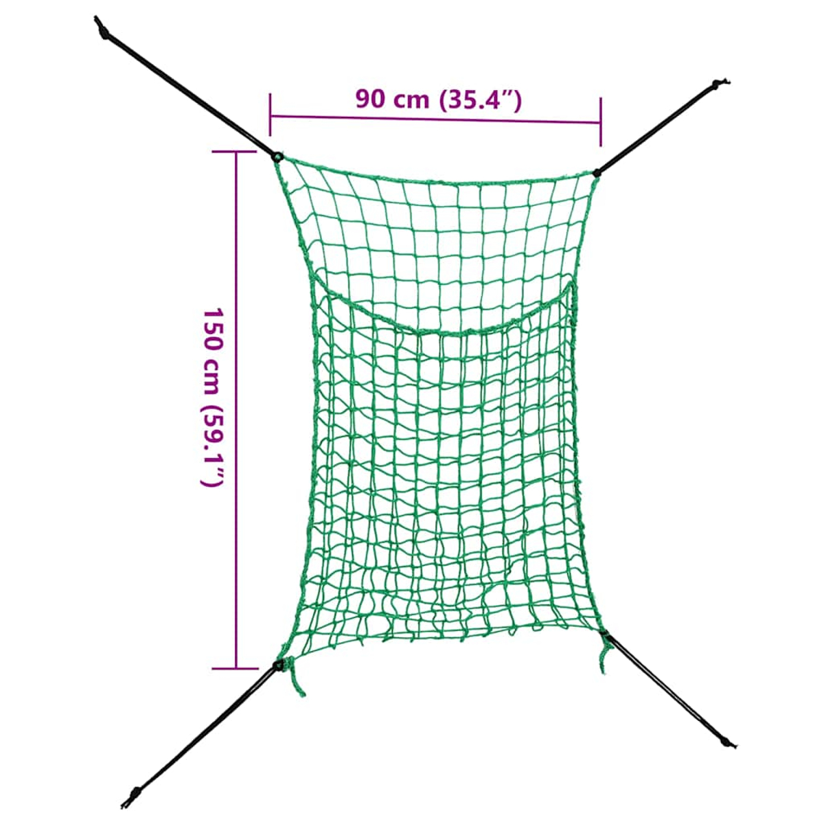 Grünes Kletternetz mit schwarzen Befestigungsseilen an den Ecken, Maße 90 cm Breite und 150 cm Höhe.