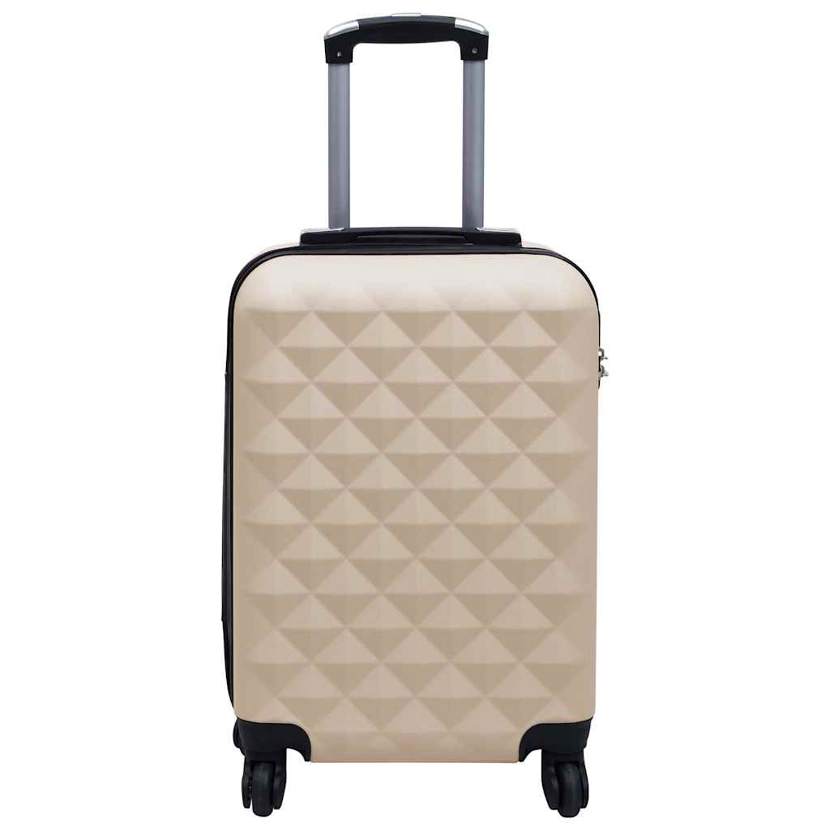 Un valigia rigida beige con motivo a rombi geometrici, manico telescopico e quattro ruote su sfondo bianco.