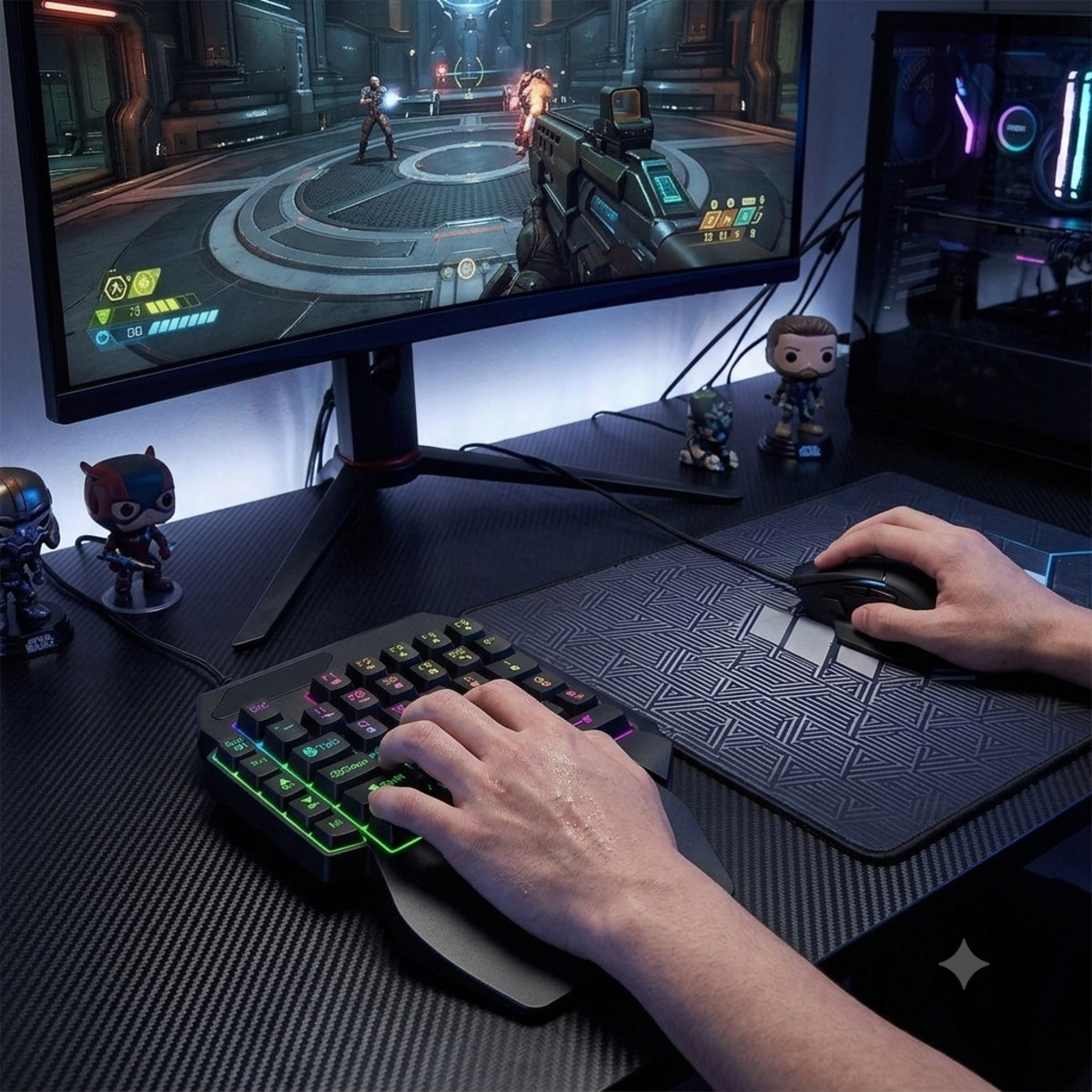 Un jugador usa un teclado de una mano y un ratón en una PC con un juego de disparos en el monitor.