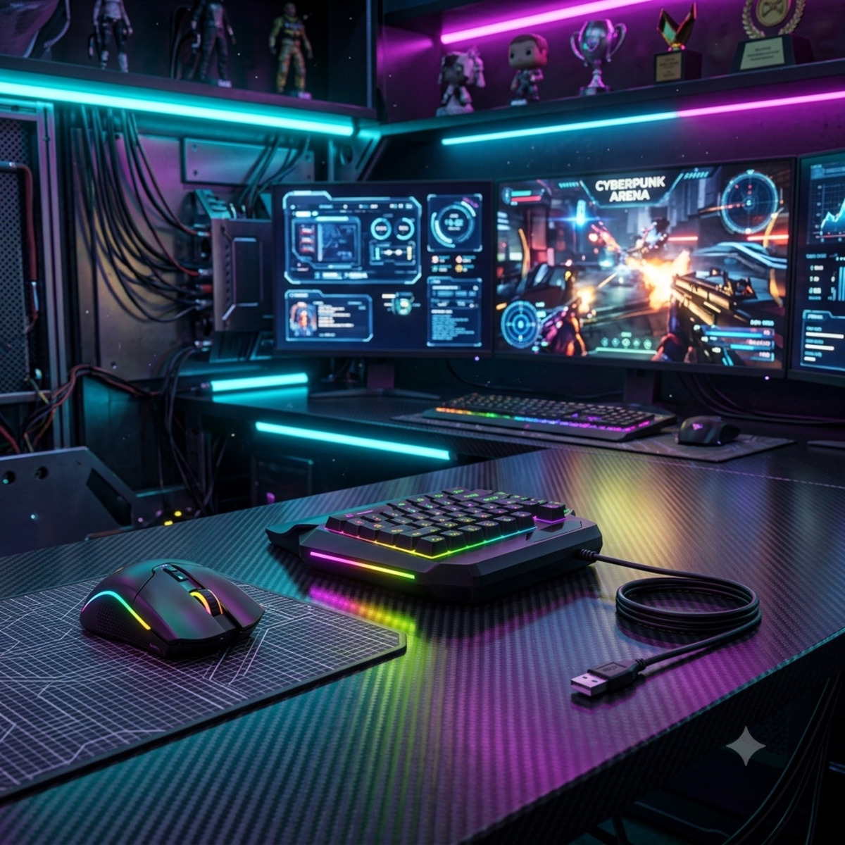 Un setup de juegos brillante con múltiples pantallas, luces de neón coloridas, un teclado y un ratón en un escritorio oscuro.