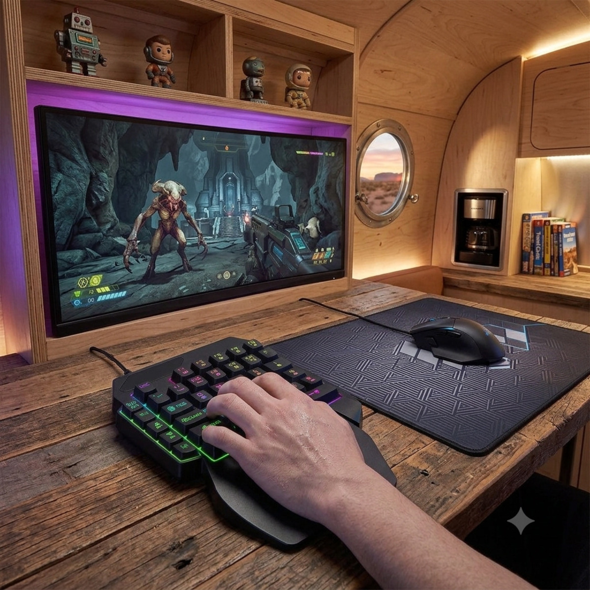Mano usando un teclado y ratón de juegos iluminados en un escritorio de madera en una furgoneta camper.