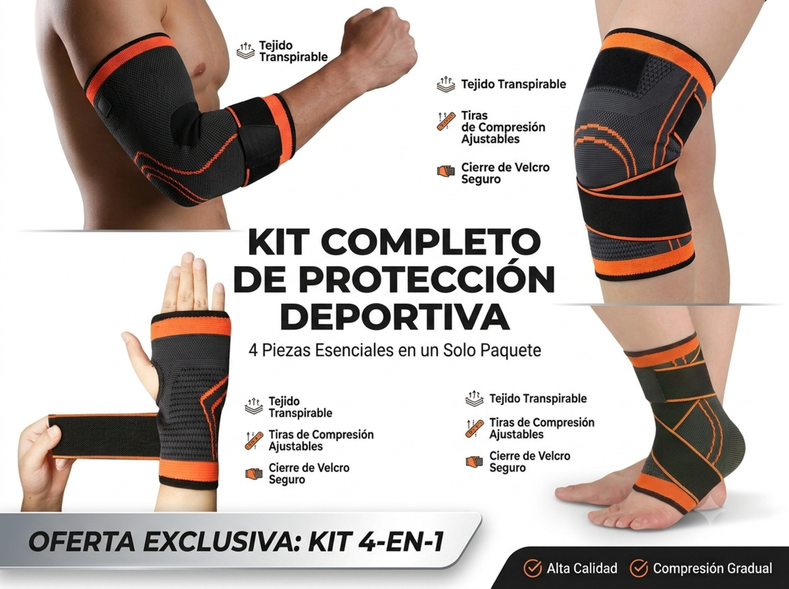 Kit de cuatro soportes de protección deportiva grises y naranjas para codo, rodilla, muñeca y tobillo.