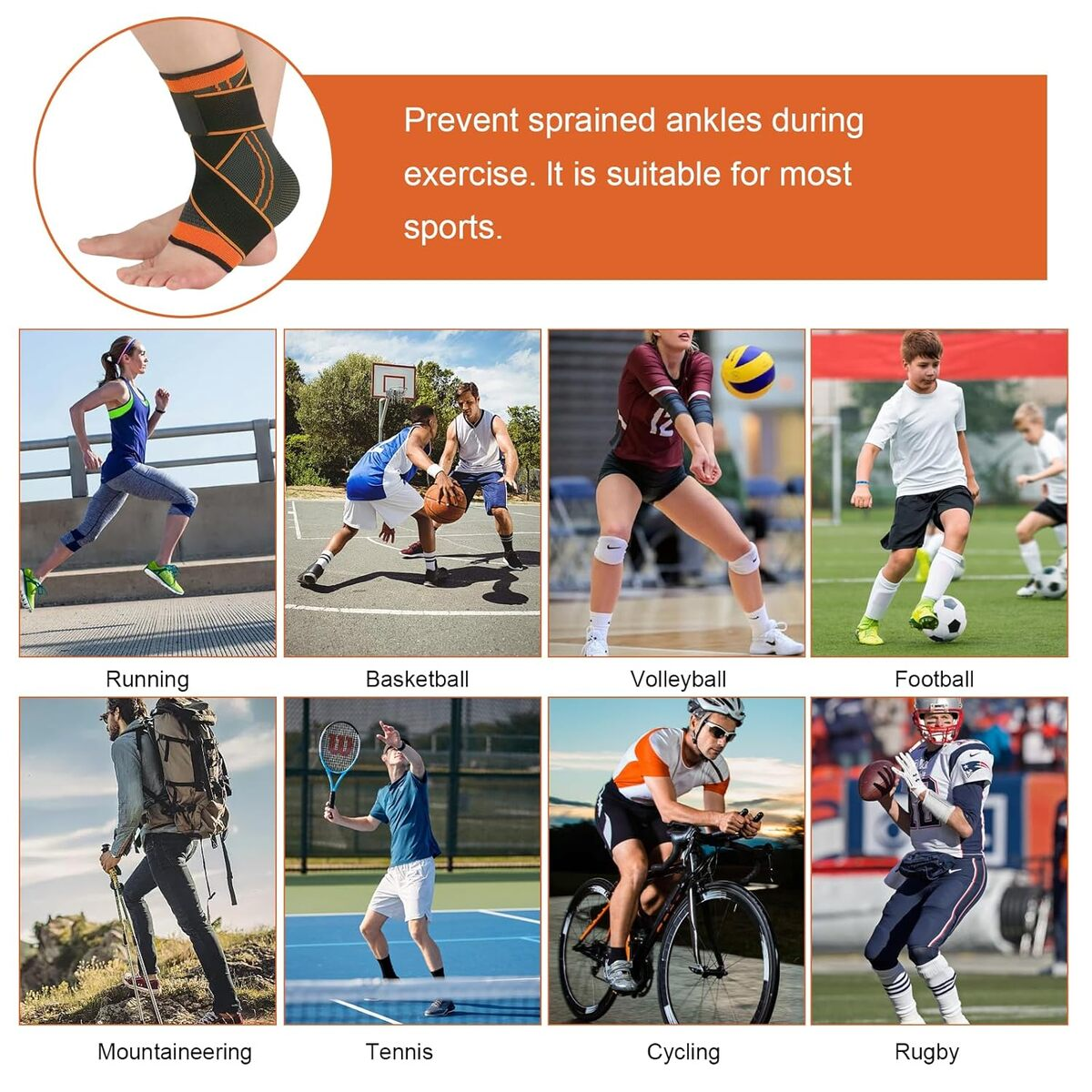 Un soporte para el pie para deportes como correr, baloncesto, voleibol, fútbol, senderismo, tenis, ciclismo y rugby.