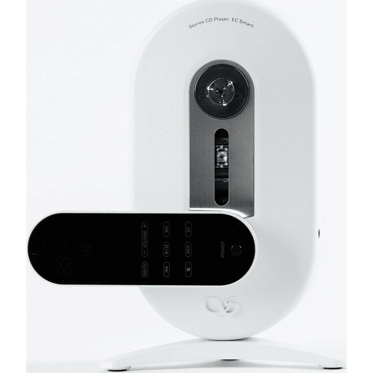 Un reproductor de CD estéreo blanco con diseño vertical y panel de control negro sobre una superficie blanca.