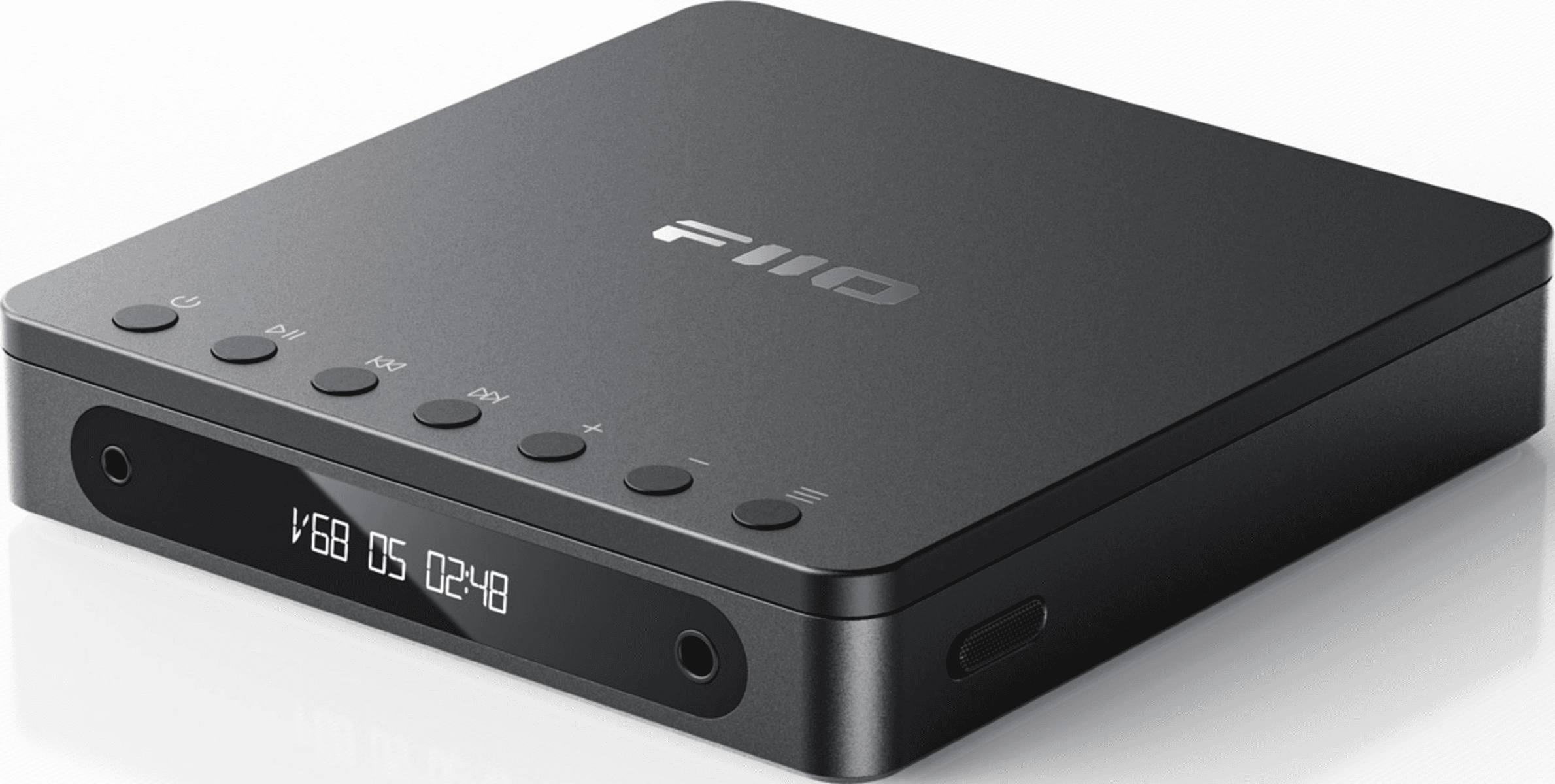 Dispositivo de audio FiiO negro con botones superiores, pantalla digital y conectores para auriculares.