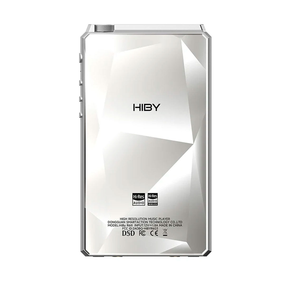 La parte trasera plateada de un reproductor de música HiBy con diseño facetado, texto y logos sobre fondo blanco.