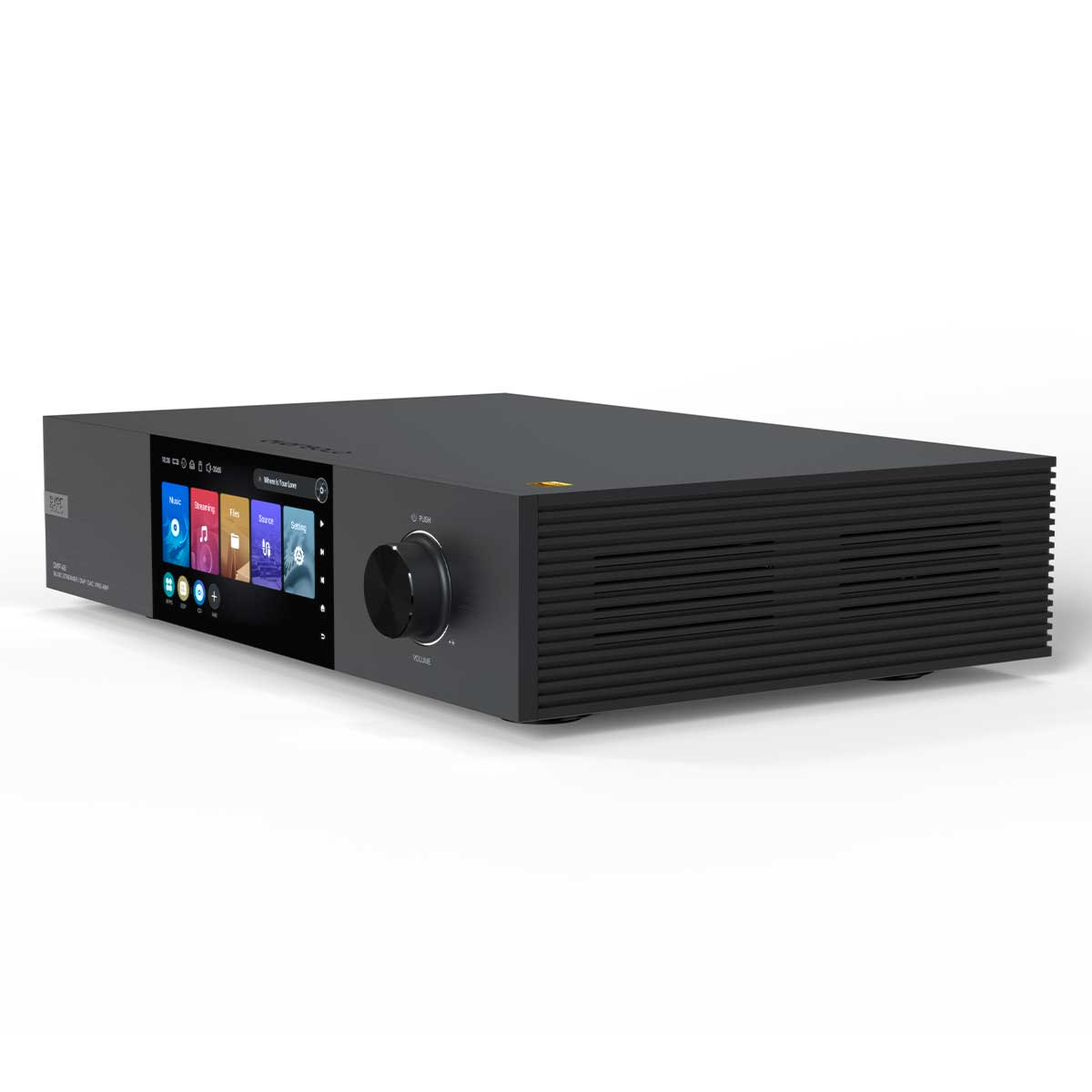 Dispositivo de audio negro con una gran pantalla y una perilla de volumen en la parte delantera, sobre fondo blanco.