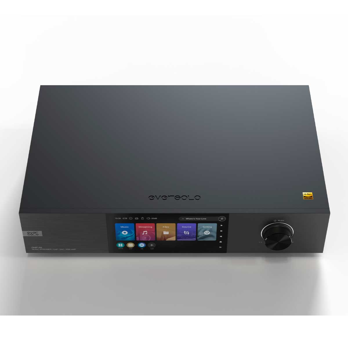 Elegante dispositivo de audio EverSolo negro con pantalla táctil y perilla giratoria.