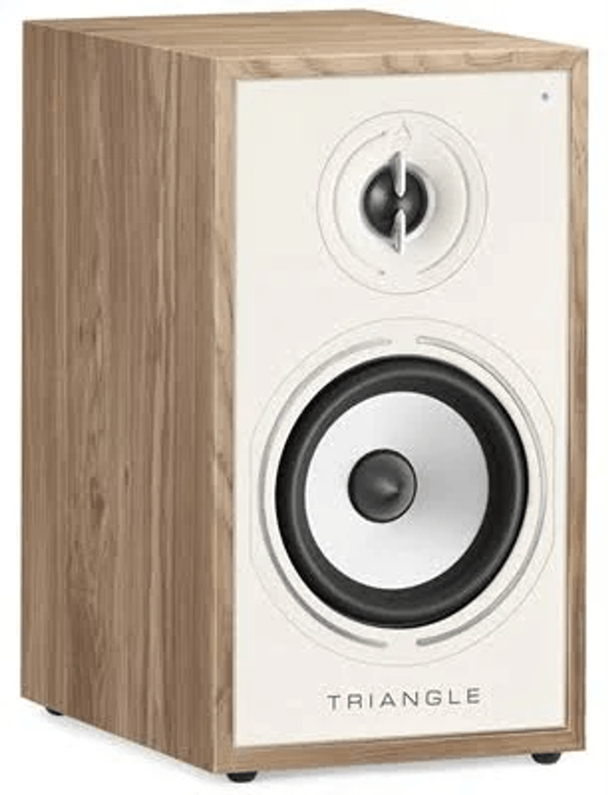 Un altavoz de estantería de madera con panel frontal blanco y dos controladores.
