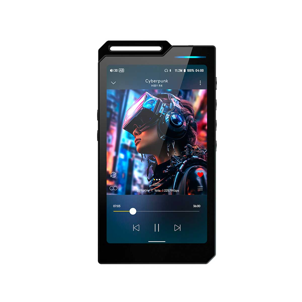 Un reproductor de música portátil negro con carátula cyberpunk y controles en la pantalla táctil.