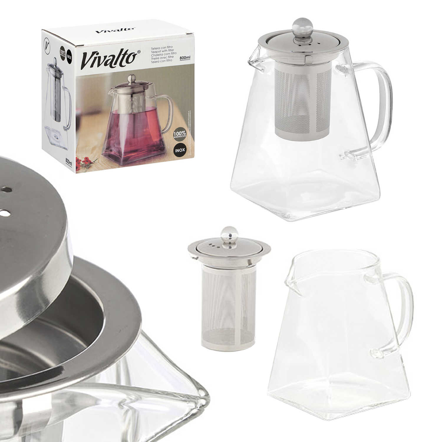 Tetera de cristal con filtro de acero inoxidable y tapa, incluye caja.