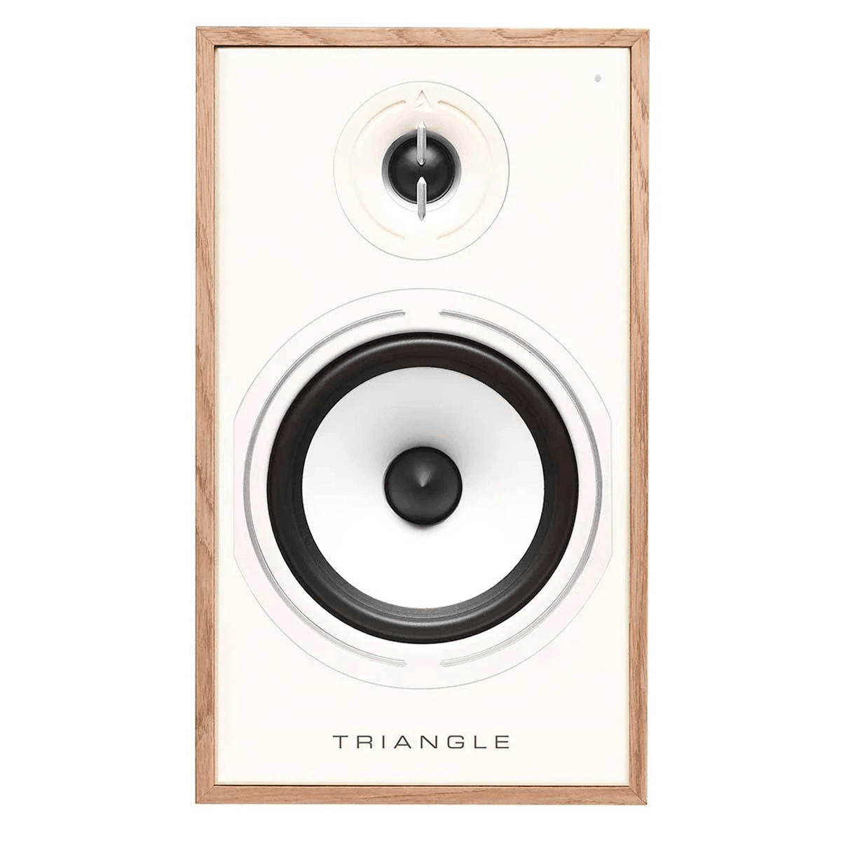 Un altavoz blanco con marco de madera y el texto Triangle.