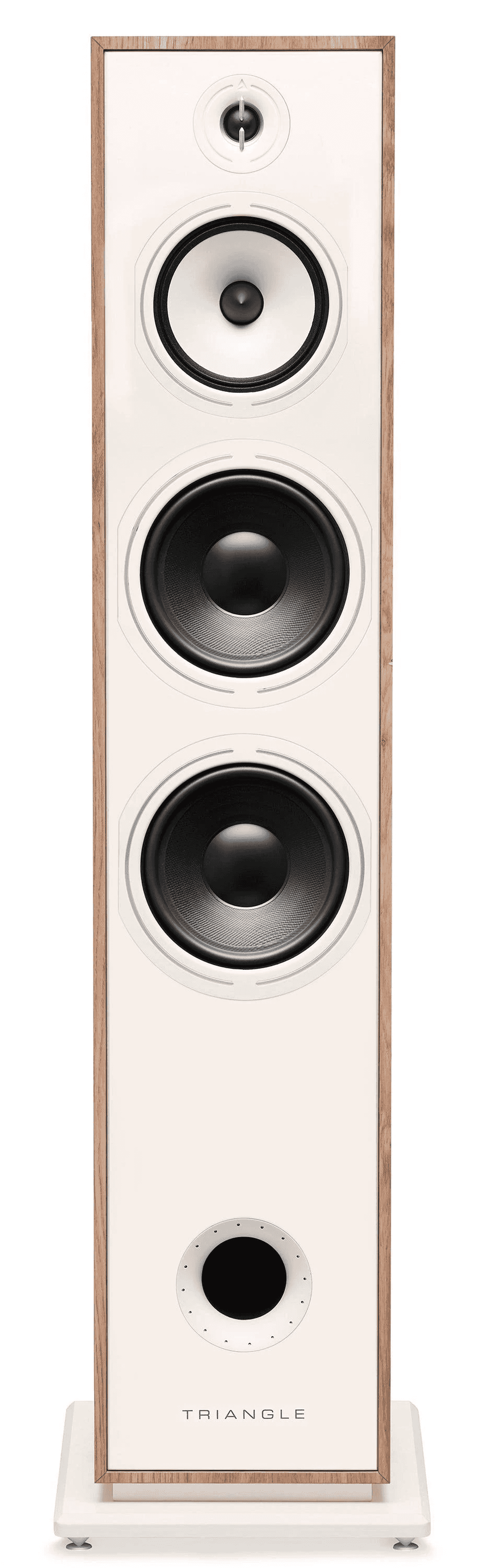 Un altavoz de suelo alto y blanco con paneles laterales de madera, múltiples transductores y logotipo.