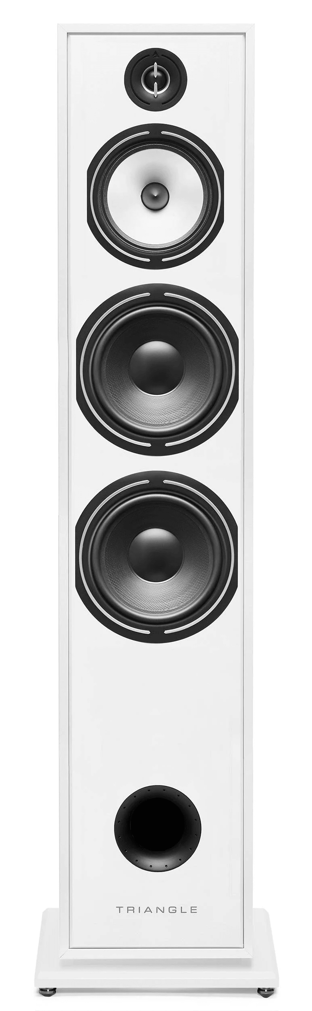 Un altavoz de suelo blanco con cuatro controladores negros y un puerto circular en una base.