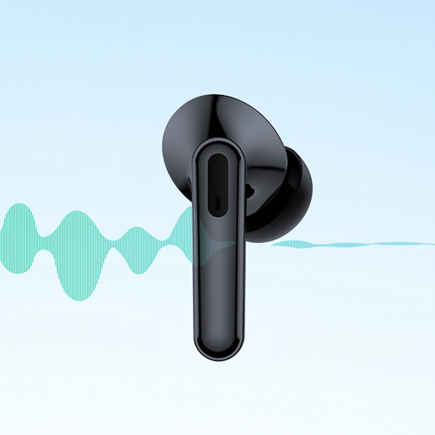 Un auricular inalambrico negro sobre un fondo azul claro con una grafica de onda sonora turquesa.