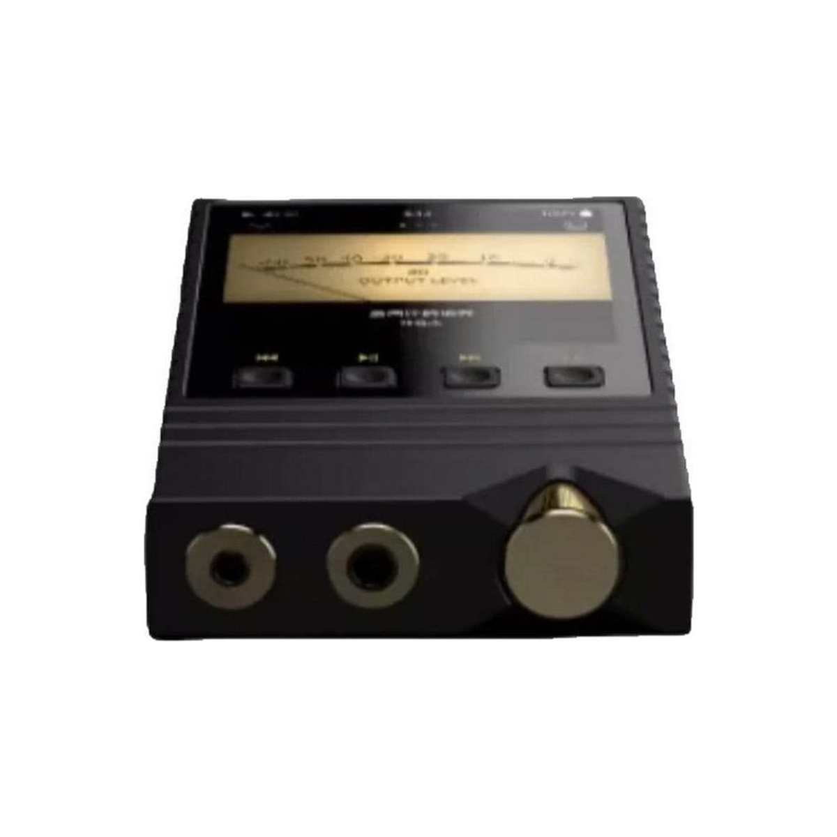 Un reproductor de audio portátil negro con pantalla superior, conectores para auriculares y una perilla de volumen.