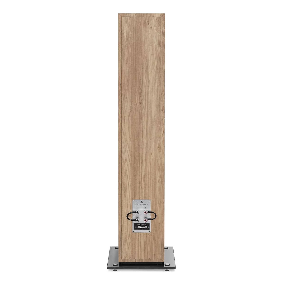 Vista trasera de un altavoz de madera alto en soporte negro con terminales.
