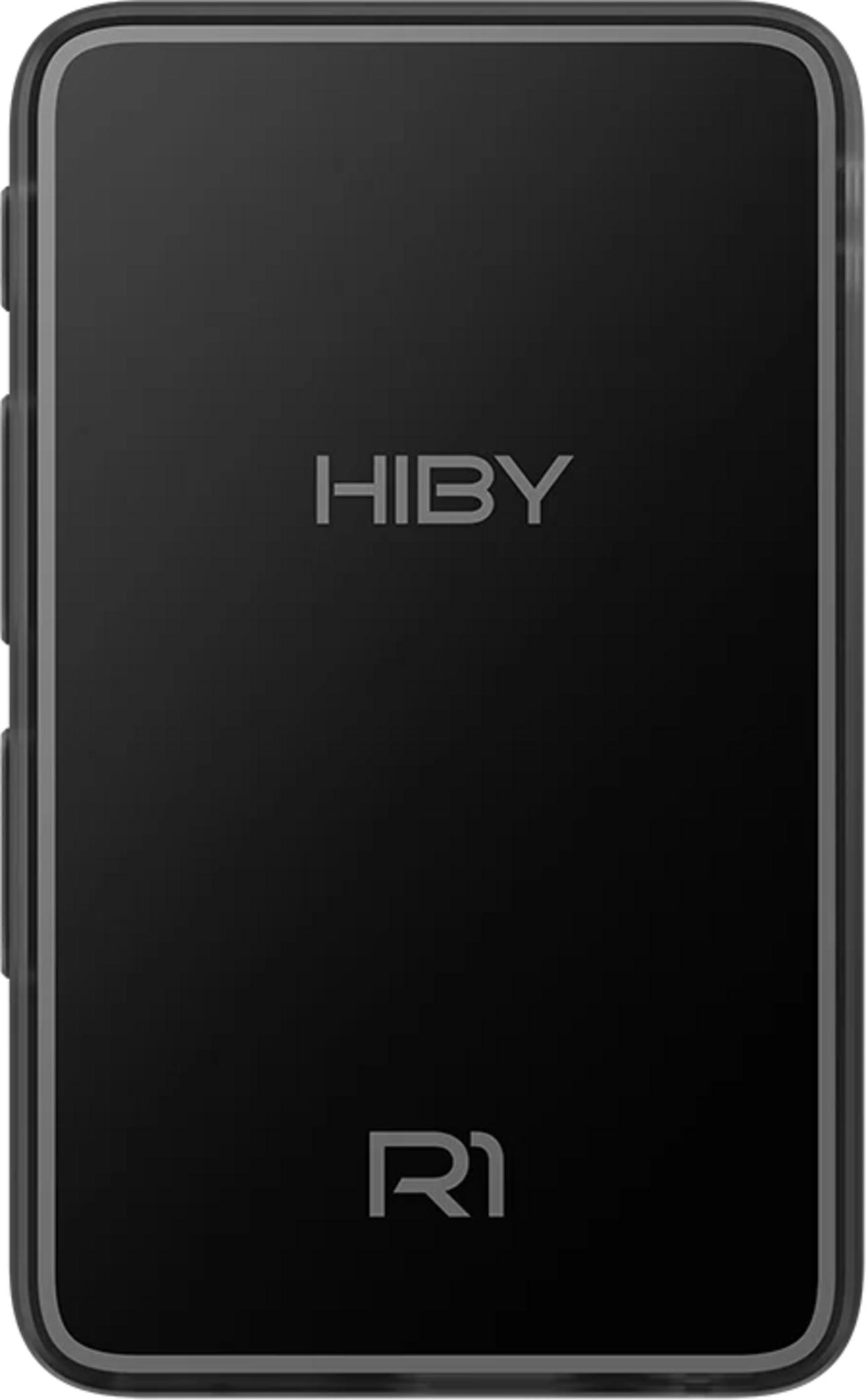 Dispositivo de audio HiBy R1 negro con esquinas redondeadas y marca plateada.