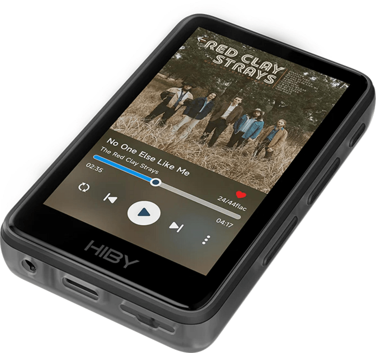 Un reproductor de música portátil HiBy muestra la portada de un álbum y controles de reproducción.