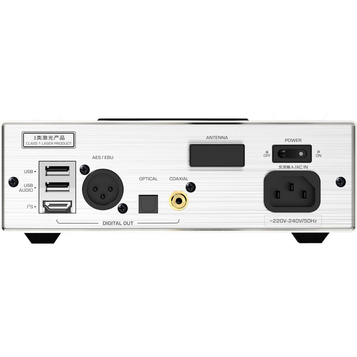 Panel trasero plateado de un dispositivo de audio con puertos USB, antena, entrada de corriente y salidas digitales.