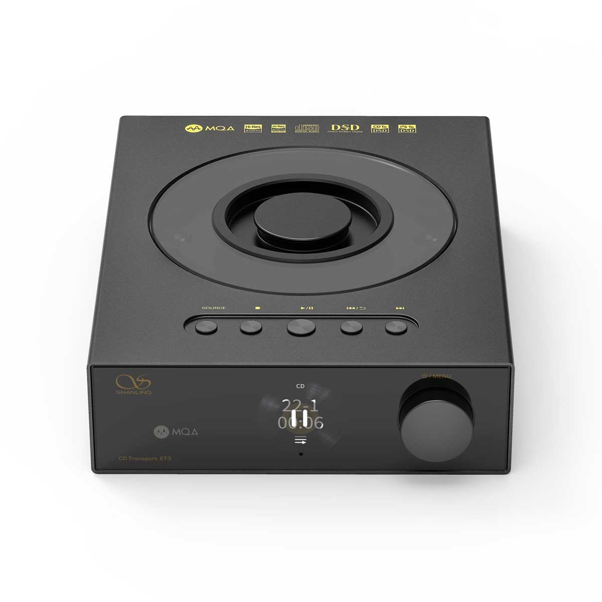 Un reproductor de CD Shanling negro con ranura superior, pantalla frontal, botones y rueda.
