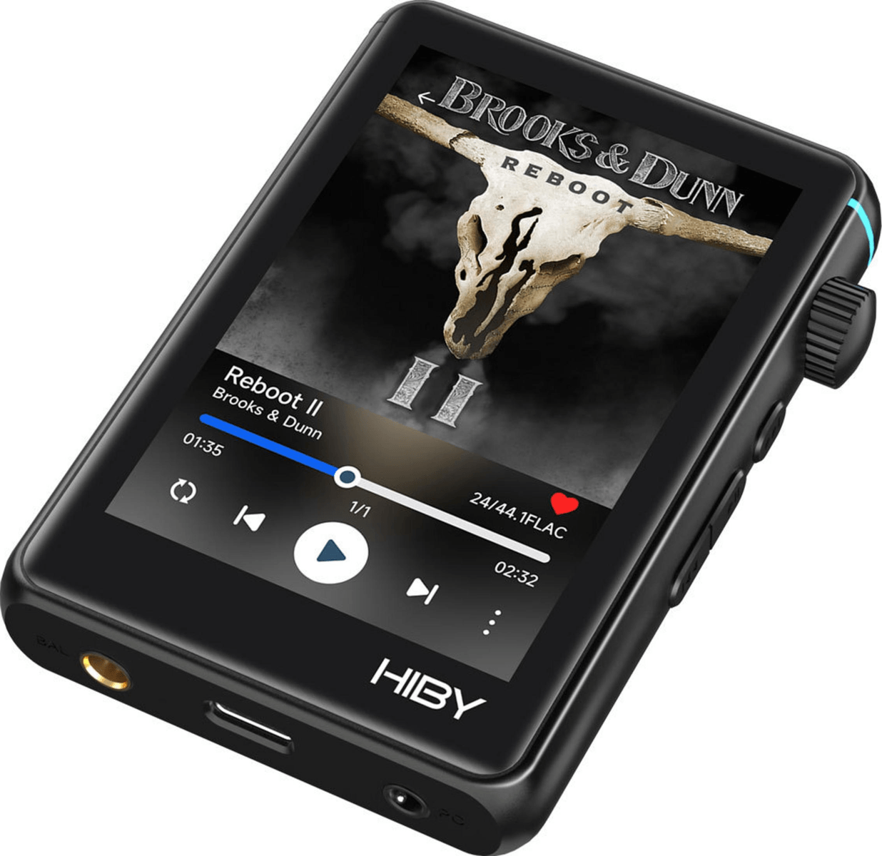 Reproductor de música portátil HiBy negro que muestra la carátula del álbum.