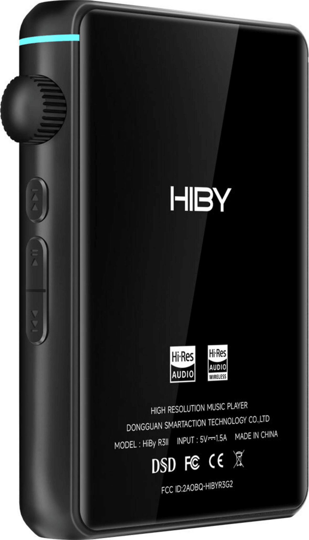 Reproductor de música de alta resolución HiBy R3 II negro con rueda de volumen y botones.