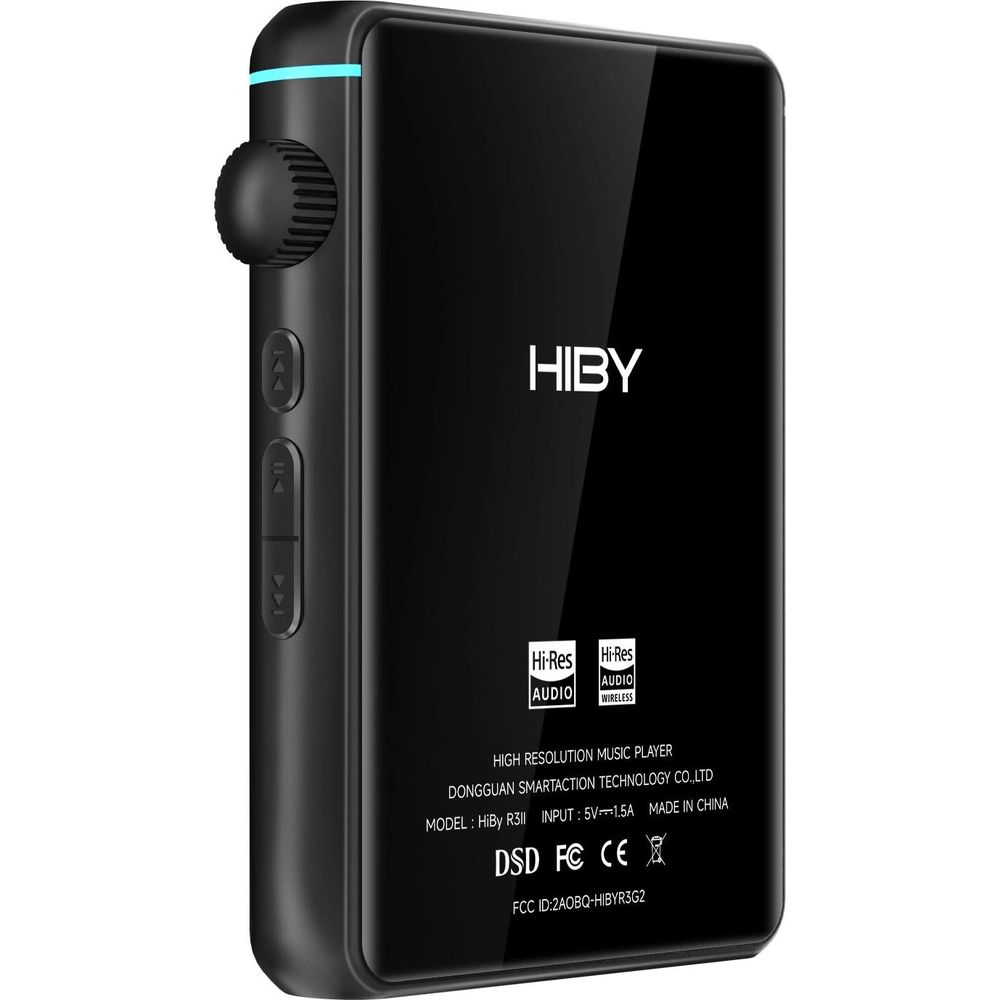 Un reproductor de audio digital HiBy negro con control de volumen, botones de control, logotipos y texto.