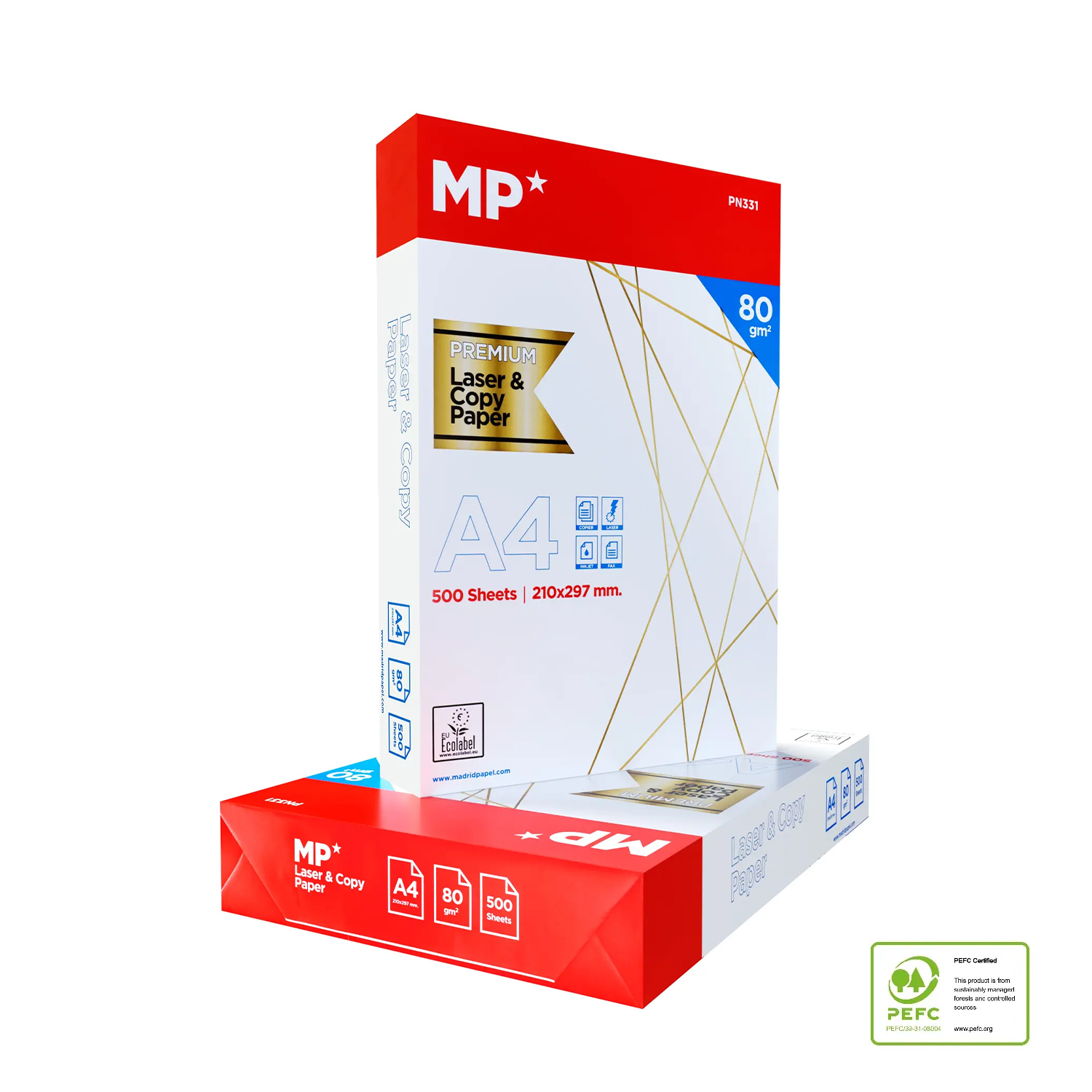 Dos paquetes de papel A4 blanco con detalles en rojo, azul y dorado, certificados por PEFC.