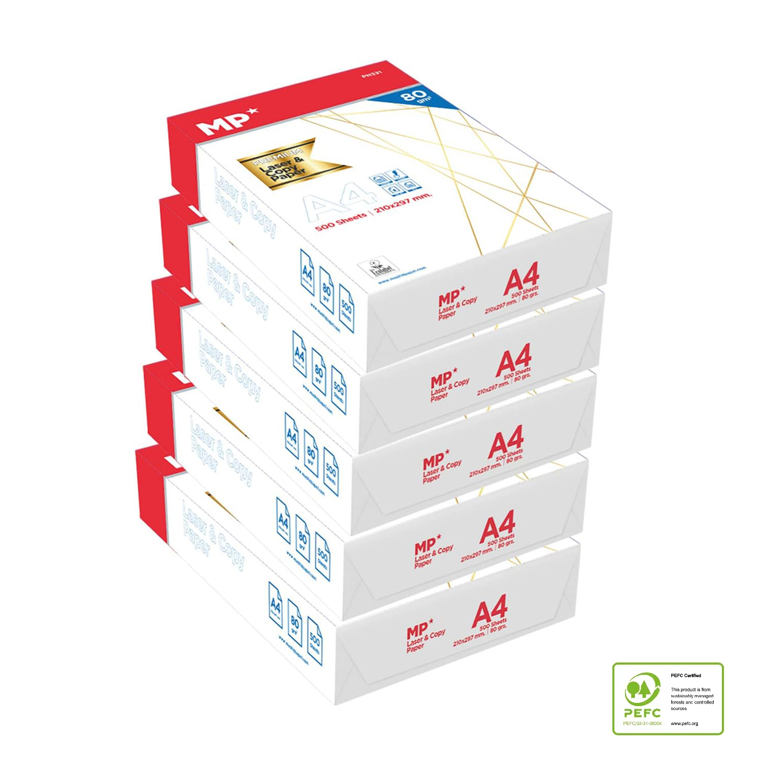 Una pila vertical de cinco resmas de papel A4 blancas con bordes rojos y marca MP* y A4 en rojo.
